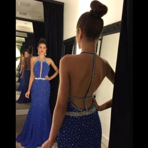 2020 halter evening dresses long mermaid royal blue beaded backless sexy formal dresses abendkleider 2021