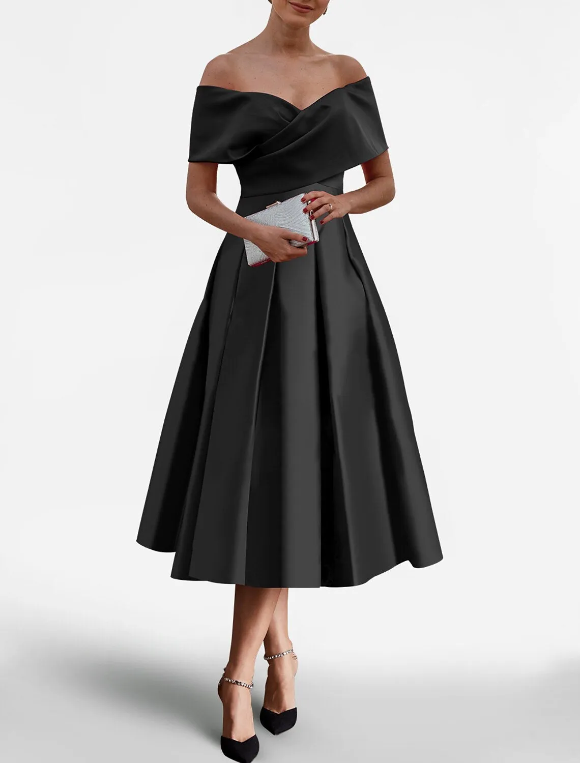 A-Line Cocktail Dresses Elegant Dress Wedding Guest Tea Length Short Sleeve Off Shoulder Satin with Pocket