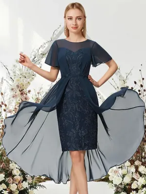 A-Line Cocktail Dresses Empire Dress Wedding Guest Asymmetrical Short Sleeve Jewel Neck Chiffon with Sleek