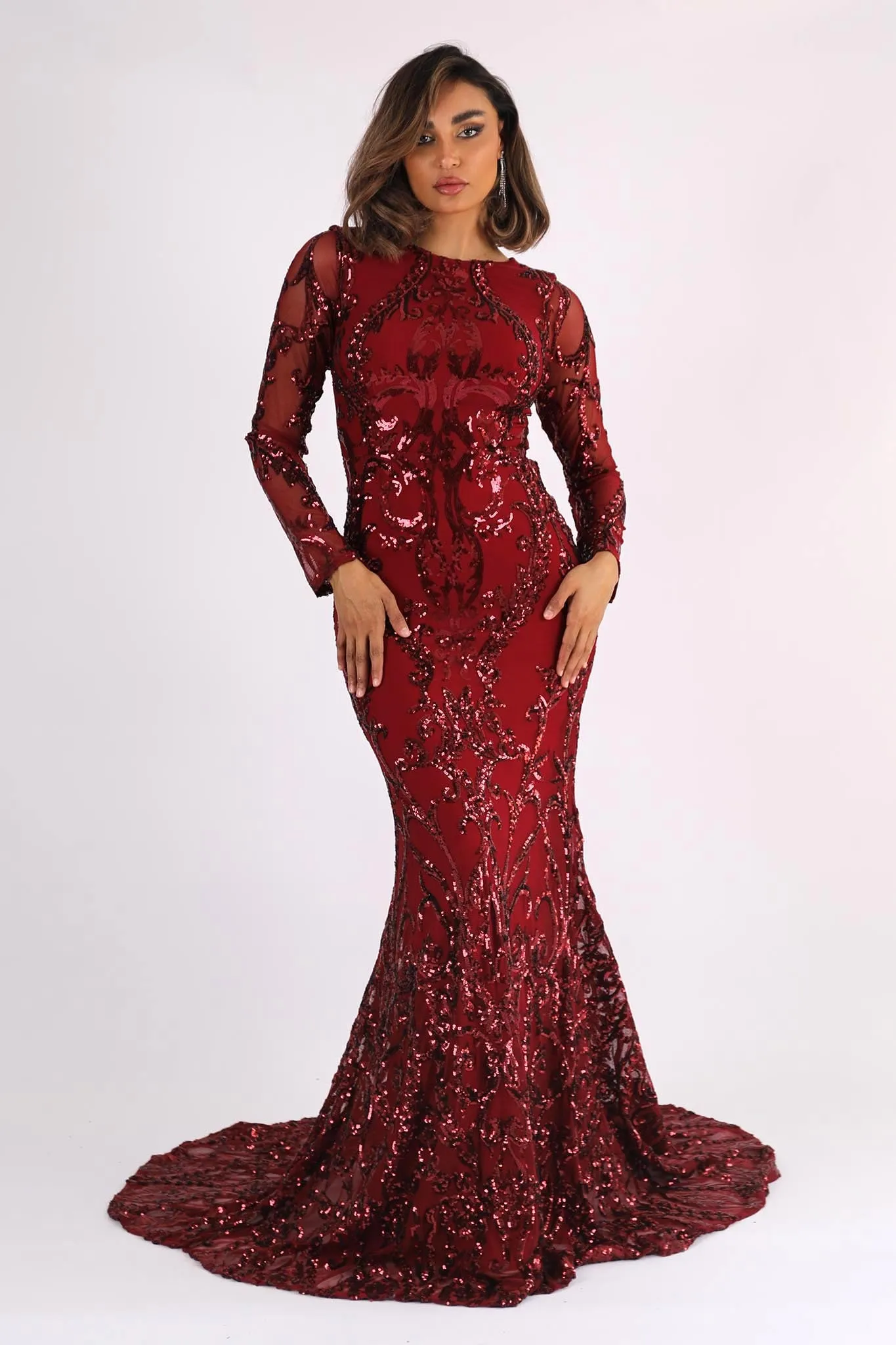 AMANI Long Sleeve Sequin Gown - Wine