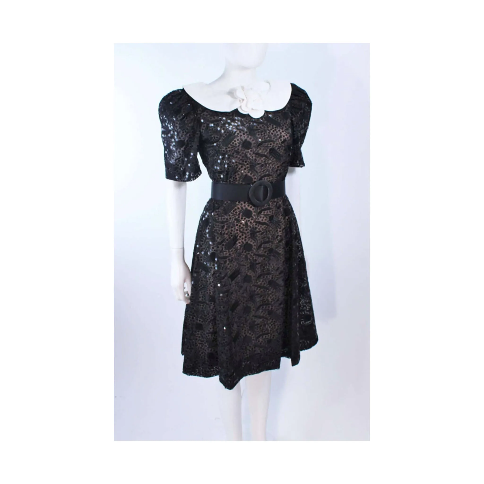 ARNOLD SCAASI Belle De Jour Black Sequin Lace Cocktail Dress Size 10