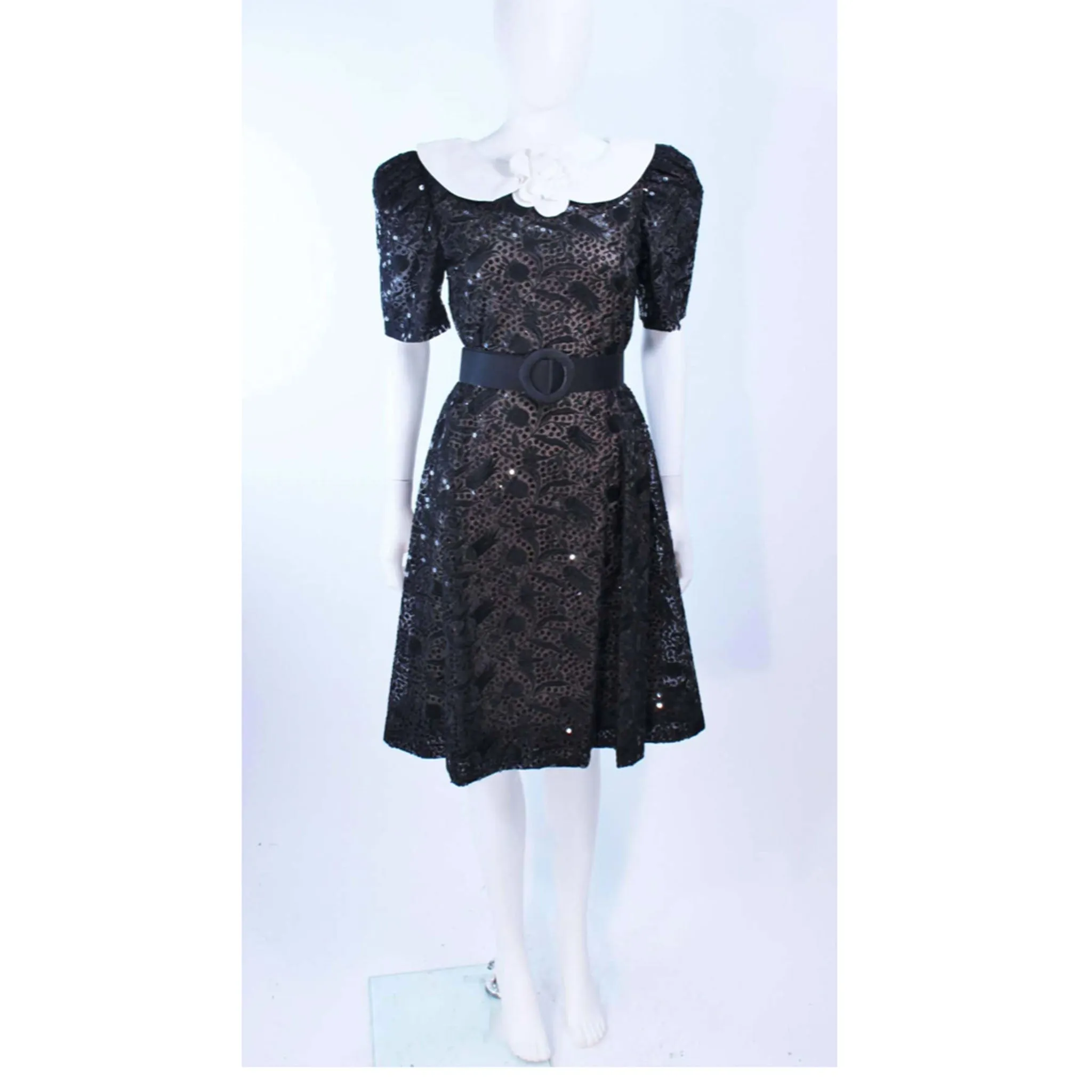 ARNOLD SCAASI Belle De Jour Black Sequin Lace Cocktail Dress Size 10