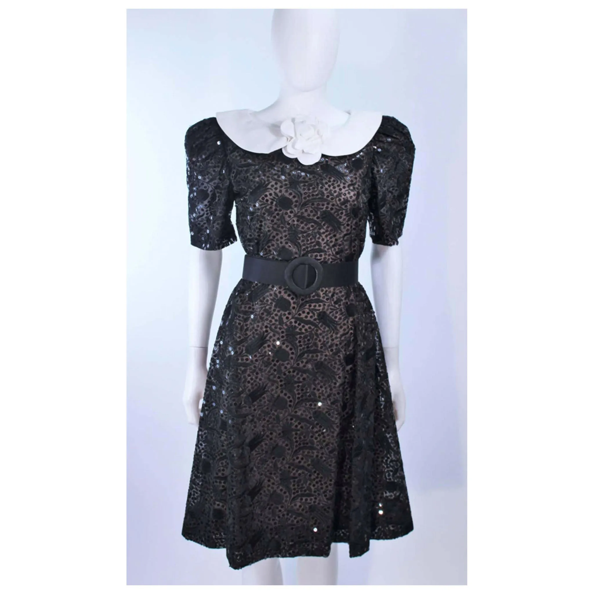 ARNOLD SCAASI Belle De Jour Black Sequin Lace Cocktail Dress Size 10