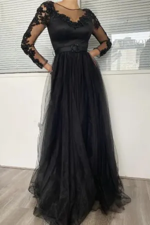 Black A-Line Long Sleeves Tulle Lace Long Prom Dress Evening Gowns,DP1602