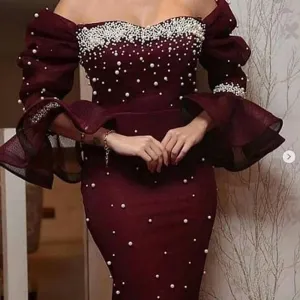 Burgundy beaded evening dresses long sleeve peals organza mermaid elegant evening gown vestido de Longo