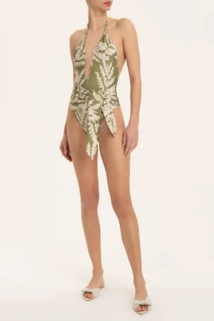 Classic Foliage Halterneck Swimsuit With Knot