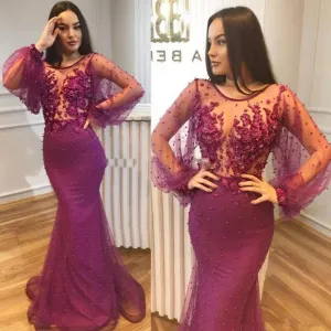 fuchsia beaded evening dresses long flare sleeve 3d flowers mermaid luxury evening formal gown