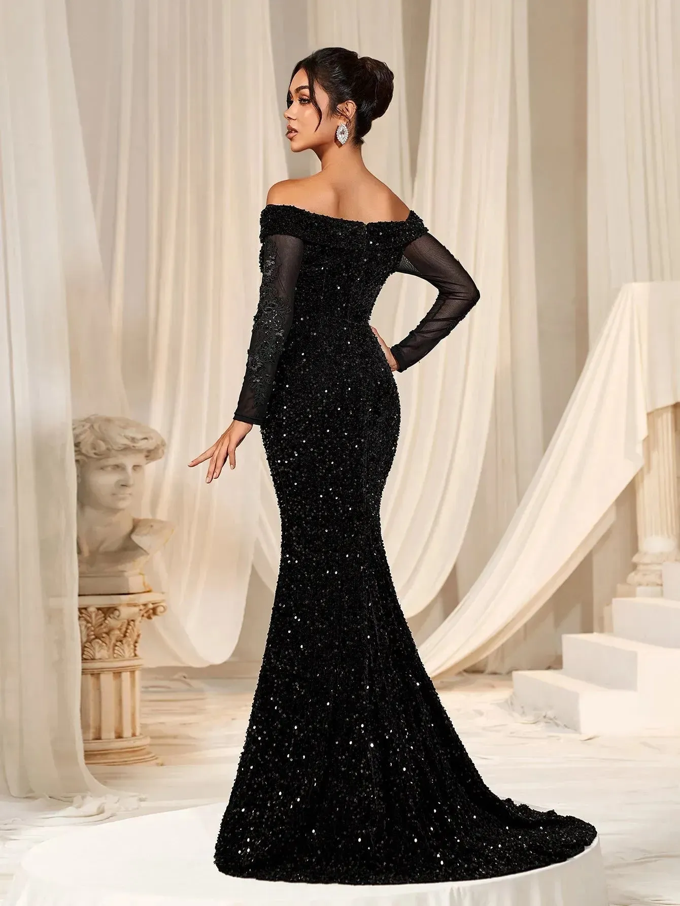 Gorgeous Off Shoulder Mermaid Hem Sequin Evening Dress