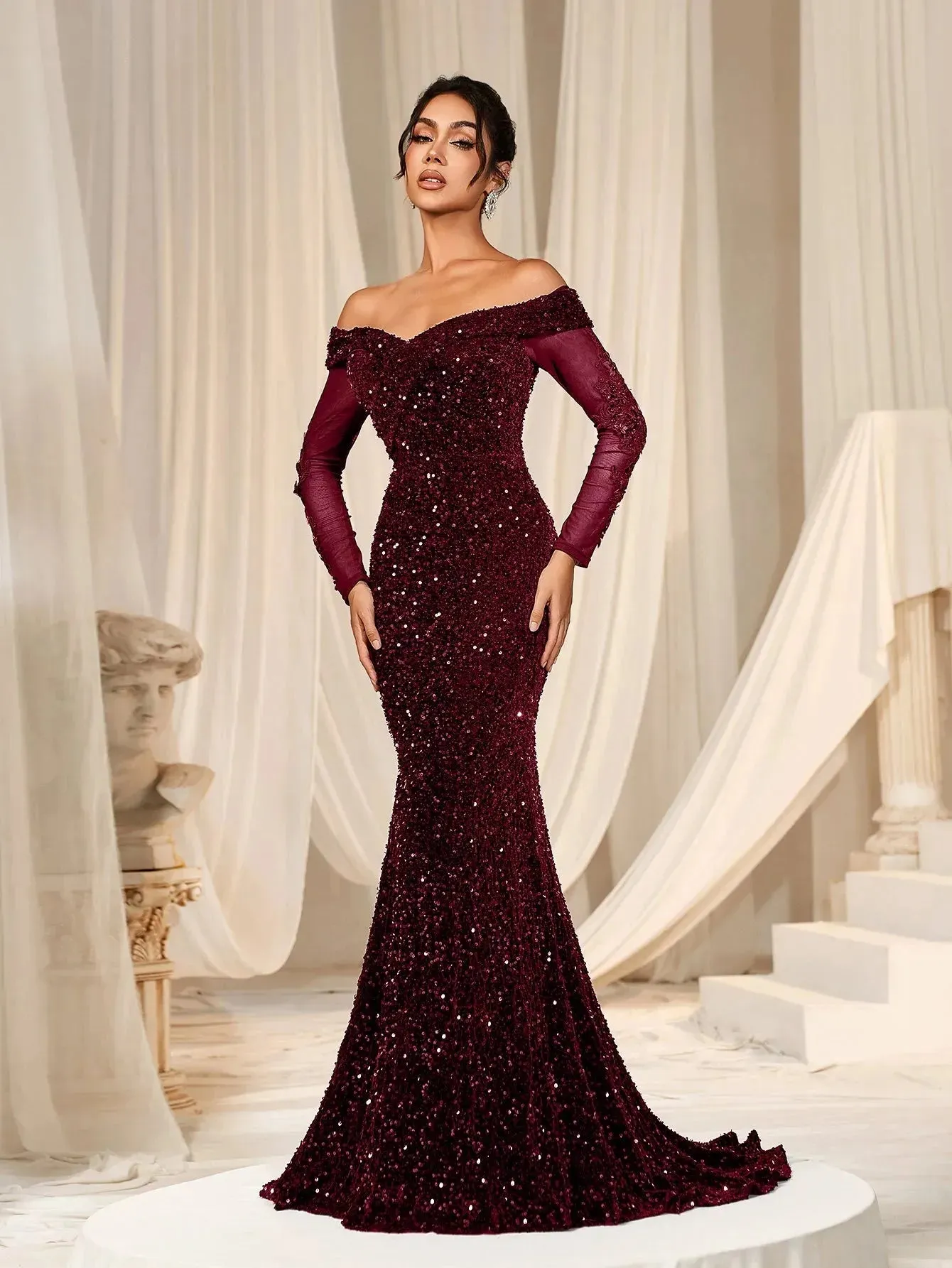 Gorgeous Off Shoulder Mermaid Hem Sequin Evening Dress