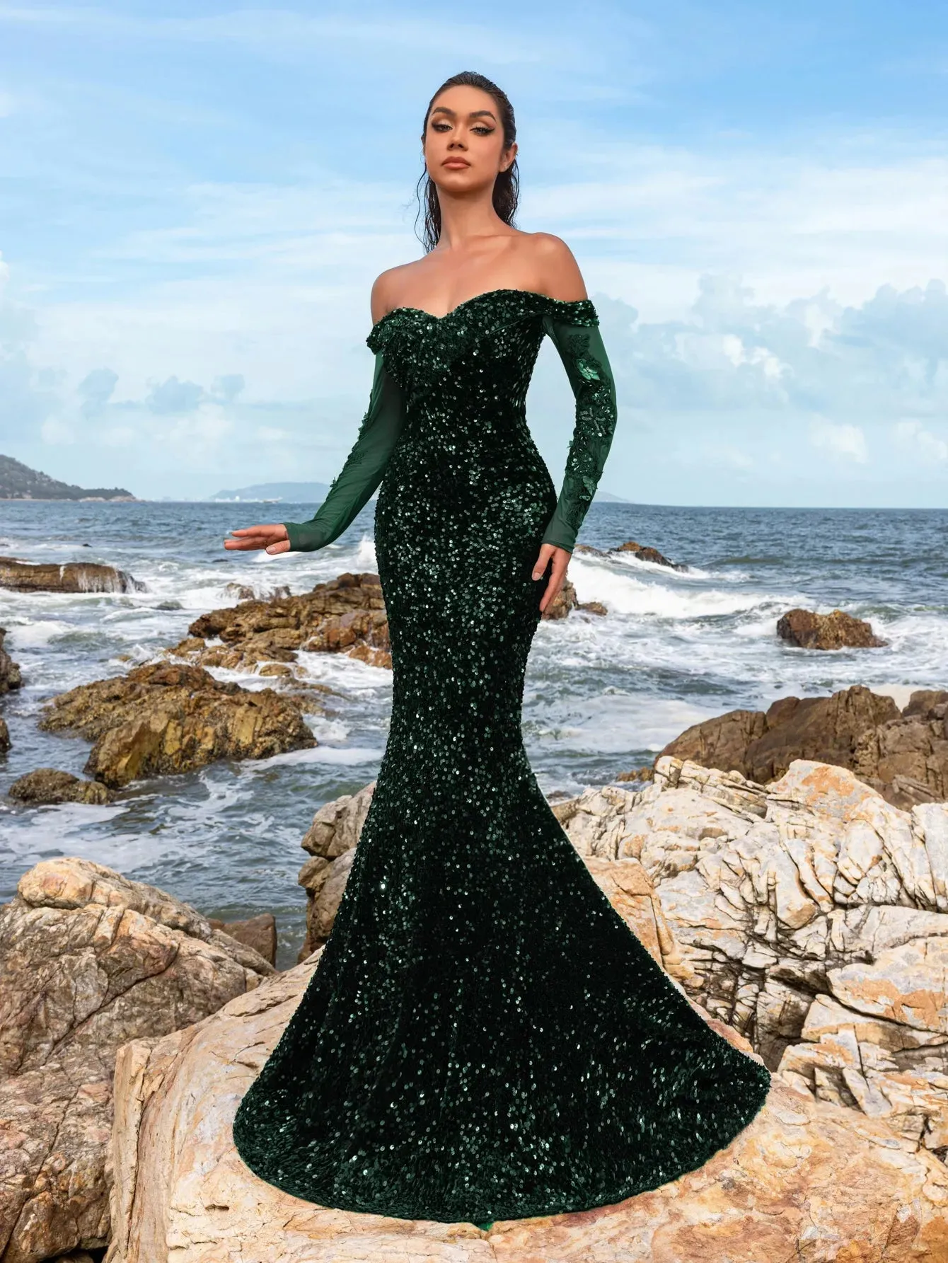 Gorgeous Off Shoulder Mermaid Hem Sequin Evening Dress