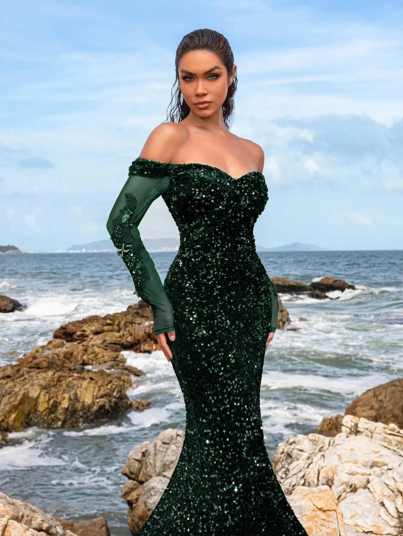 Gorgeous Off Shoulder Mermaid Hem Sequin Evening Dress