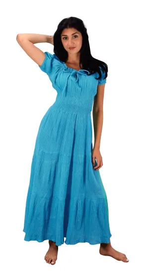 Gypsy Boho Cap Sleeves Smocked Waist Tiered Renaissance Maxi Dress (Medium, Turquoise)