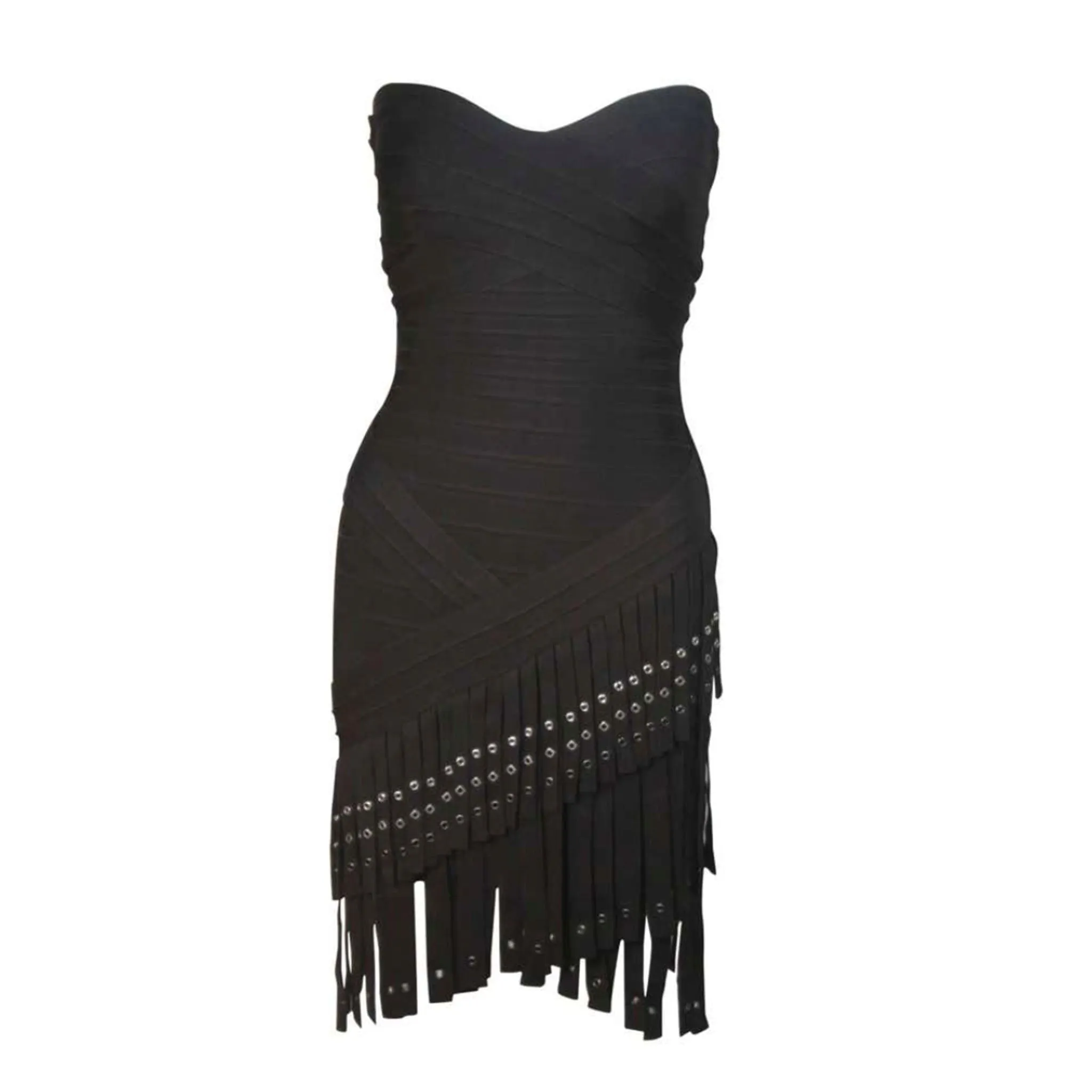 HERVE LEGER Black Bodicon Cocktail Dress with Gromets and Fringe Size XS