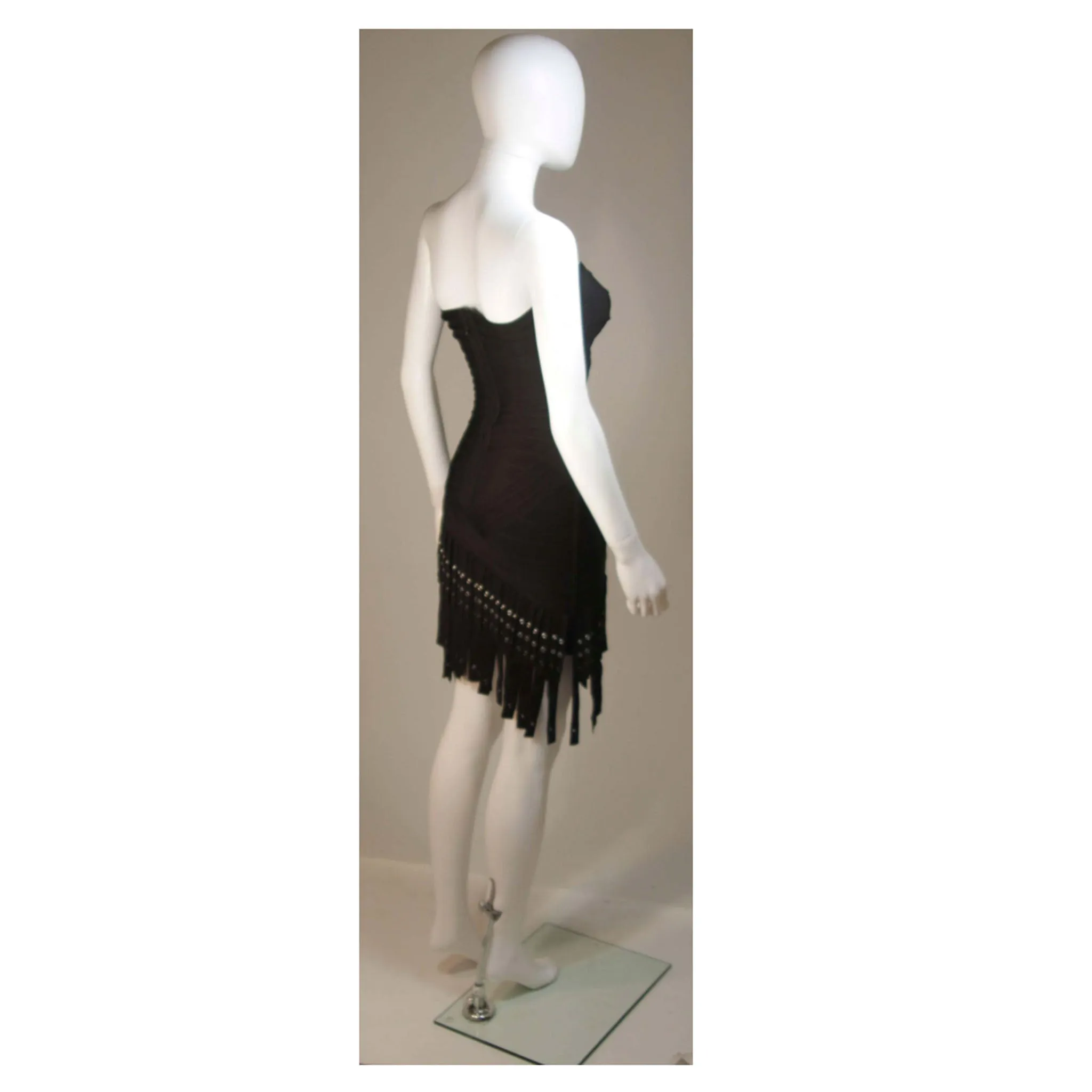 HERVE LEGER Black Bodicon Cocktail Dress with Gromets and Fringe Size XS