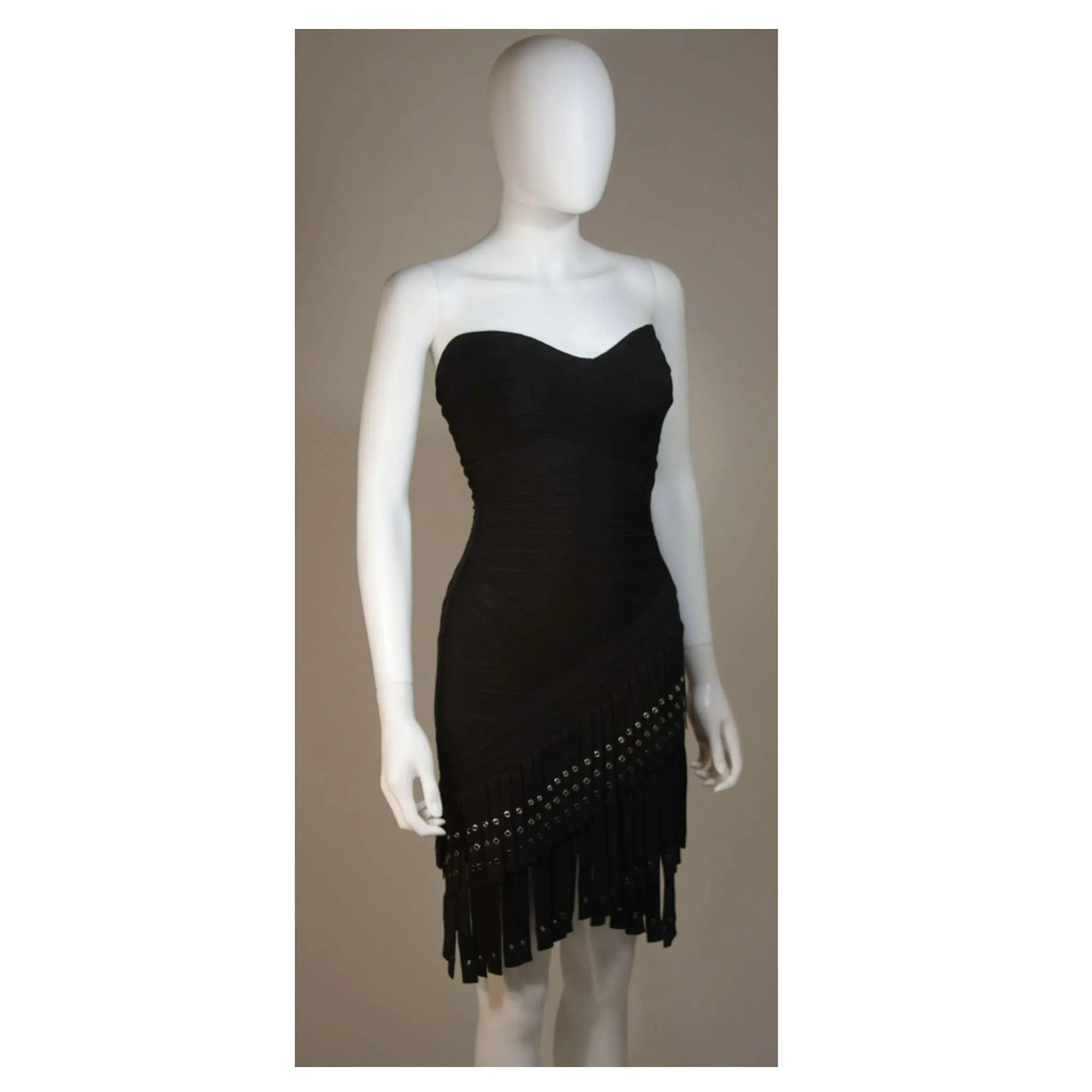 HERVE LEGER Black Bodicon Cocktail Dress with Gromets and Fringe Size XS