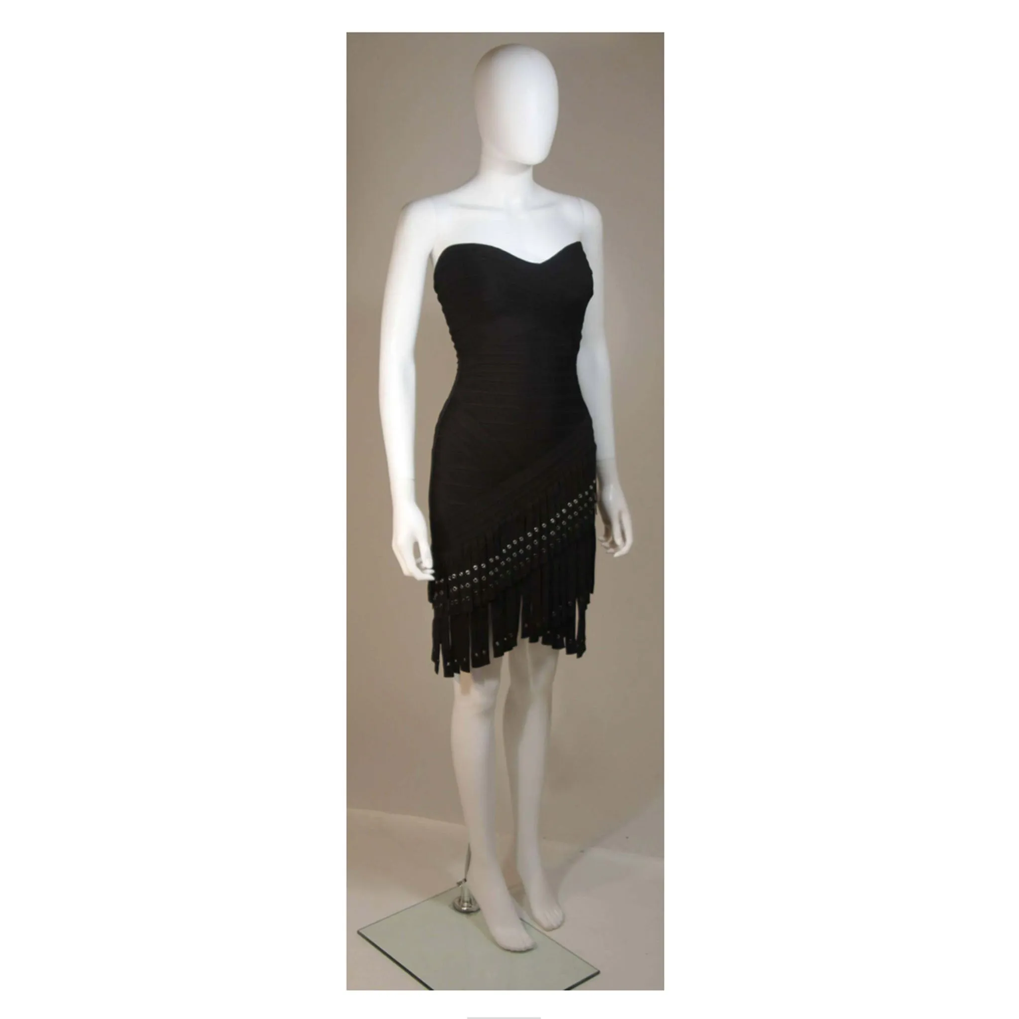 HERVE LEGER Black Bodicon Cocktail Dress with Gromets and Fringe Size XS