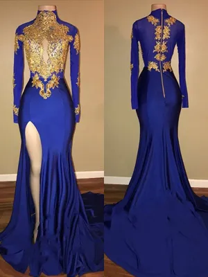 high neck mermaid evening dresses long sleeve royal blue gold lace appliqué modest evening gown formal dress