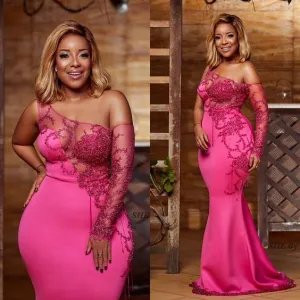 hot pink African evening dresses long mermaid plus size beaded lace appliqué elegant modest evening formal gown