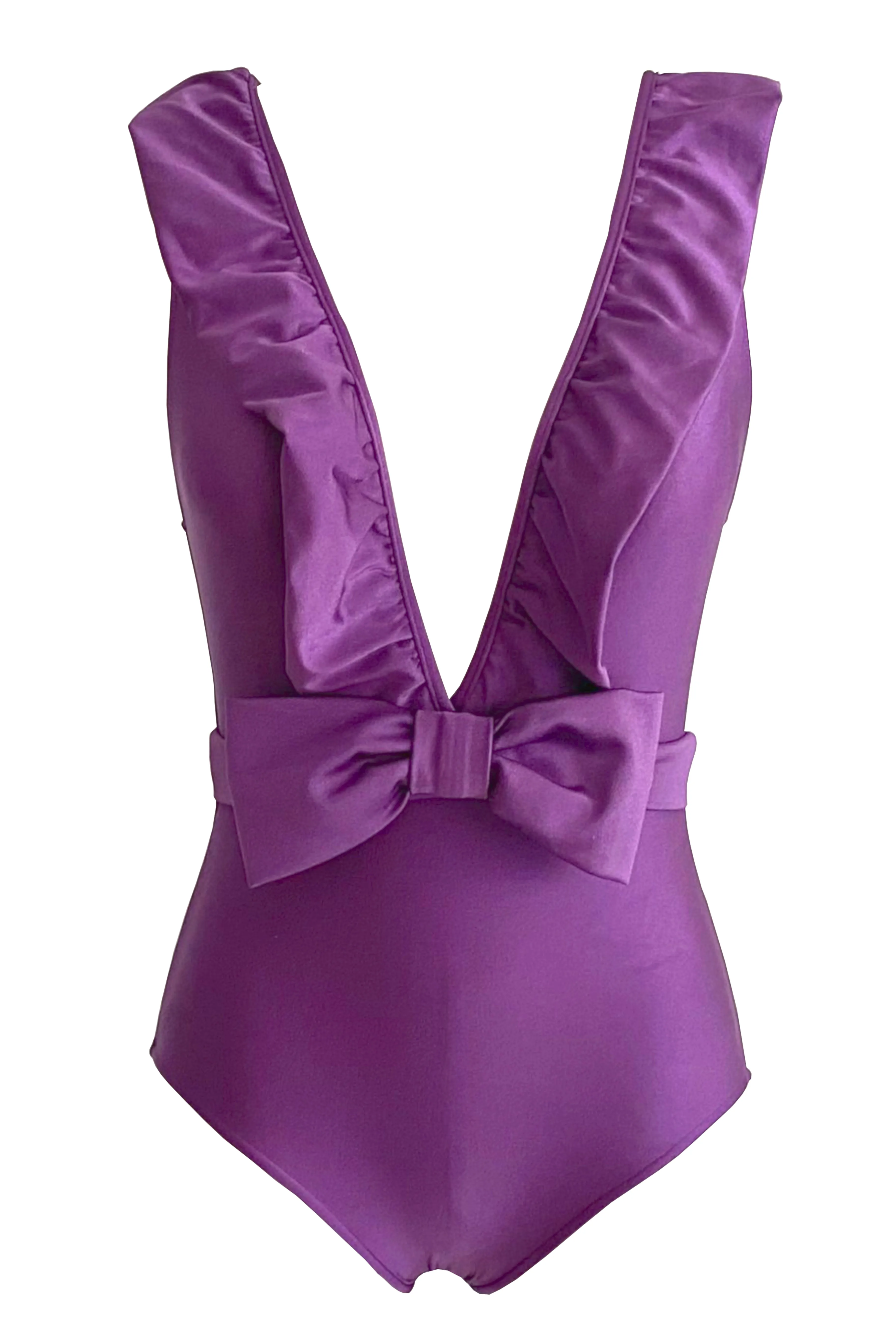 Lipstick Solid Halterneck Ruffled Swimsuit With Bow