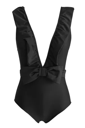 Lipstick Solid Halterneck Ruffled Swimsuit With Bow