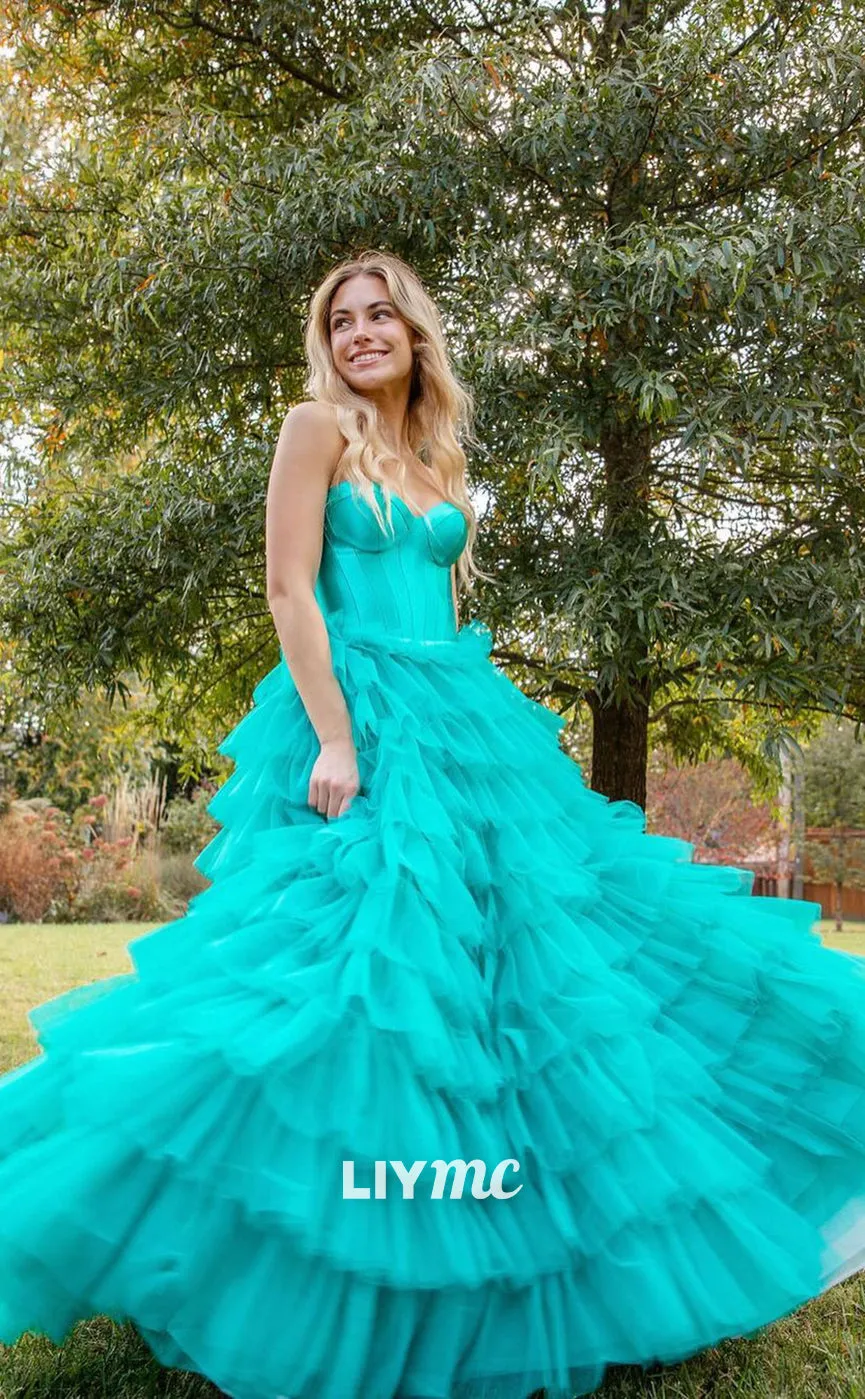 LP1074 - A Line Sweetheart Tulle Tiered Long Formal Prom Dress with Slit