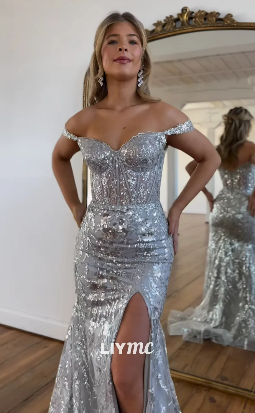 LP1130 - Unique Off Shoulder Sequins Lace Mermaid Prom Dress with Slit