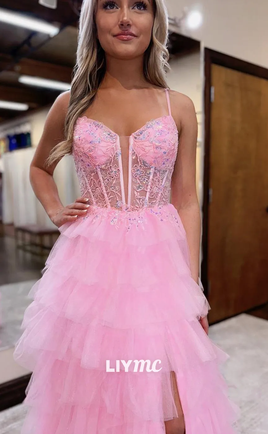 LP1239 - Cute Pink Sweetheart Appliques Lace-Up Tiered Ball Gowngown Party Prom Dress