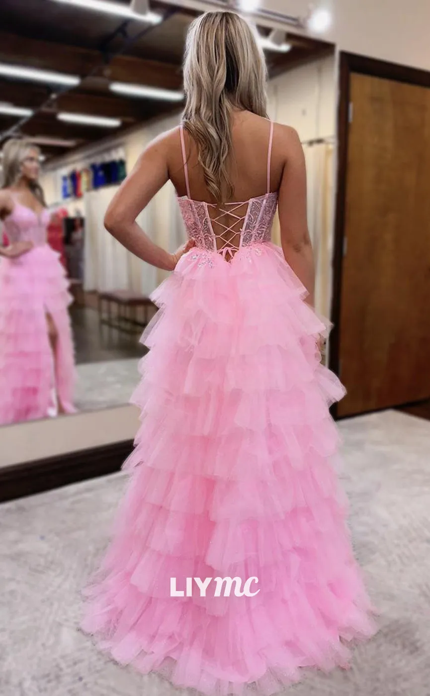 LP1239 - Cute Pink Sweetheart Appliques Lace-Up Tiered Ball Gowngown Party Prom Dress