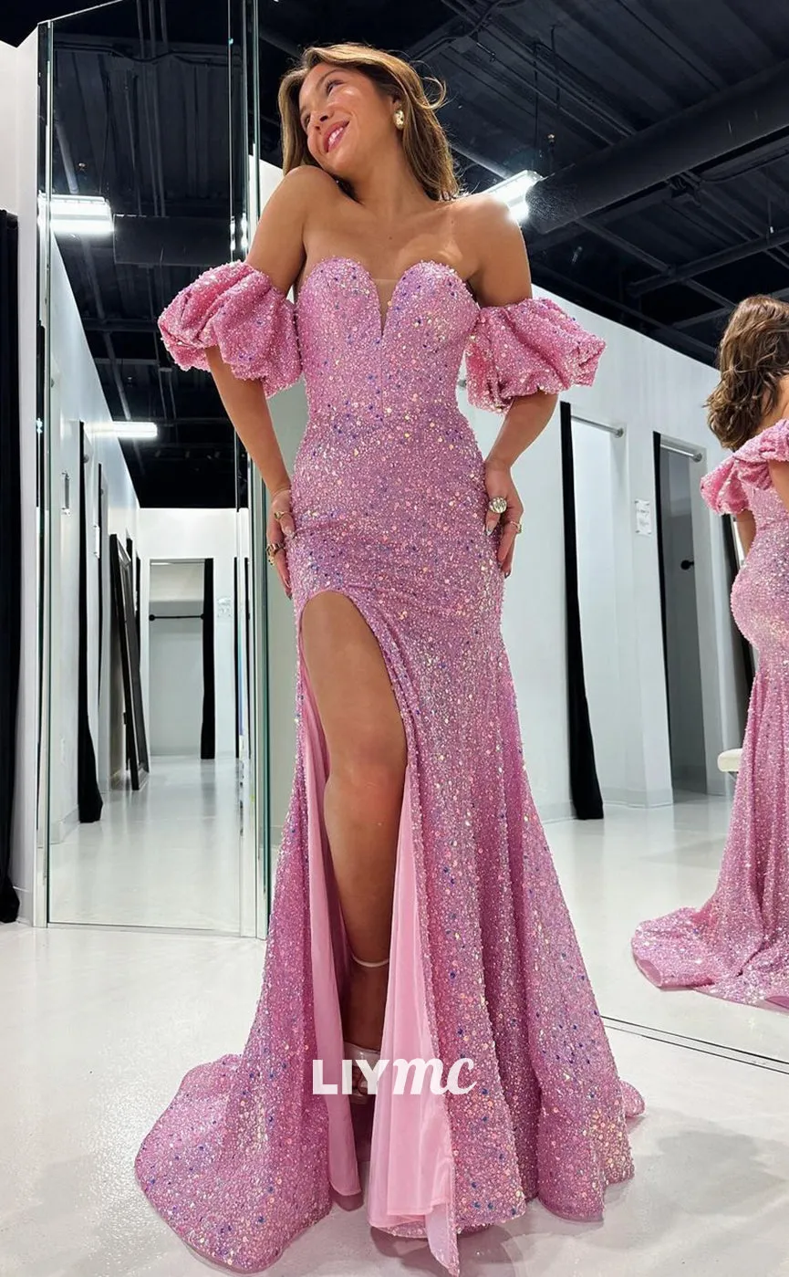 LP1287 - Sweetheart Puff Sleeves Sequins Mermaid Sparkly Prom Dress