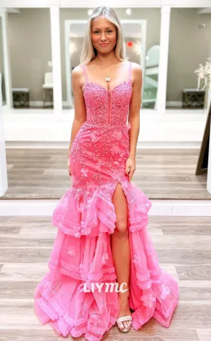 LP1308 - Sweetheart Spaghetti Straps Flower Appliques Bodice Mermaid Prom Dress