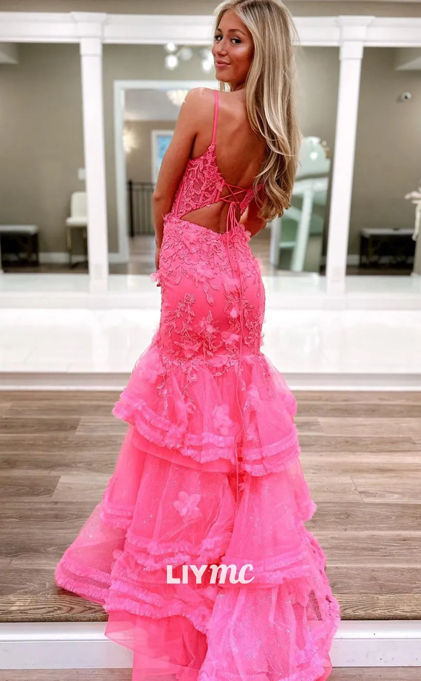 LP1308 - Sweetheart Spaghetti Straps Flower Appliques Bodice Mermaid Prom Dress