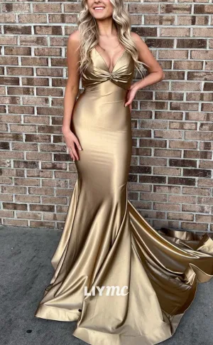 LP1919 - Simple Gold Satin Mermaid Long Prom Dress, Gold Evening Dress