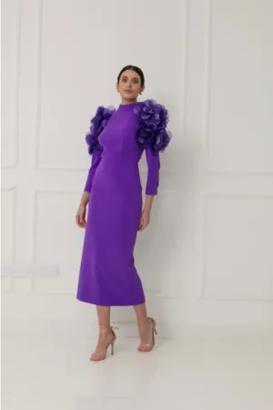 Matilde Cano Purple Fleur Shoulder Occasion Dress