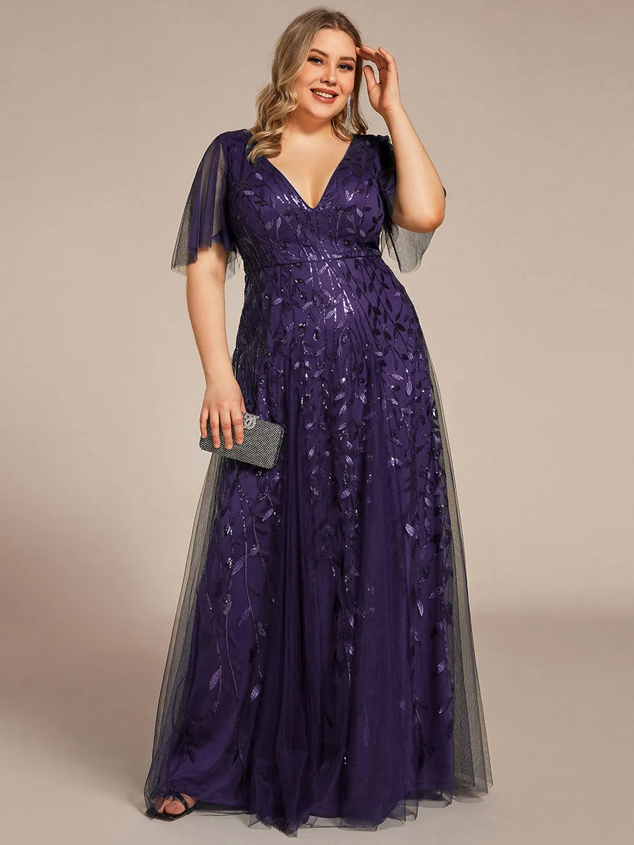 Plus Size Deep V Neck Wholesale Sequin Evening Gown With Short Sleeves