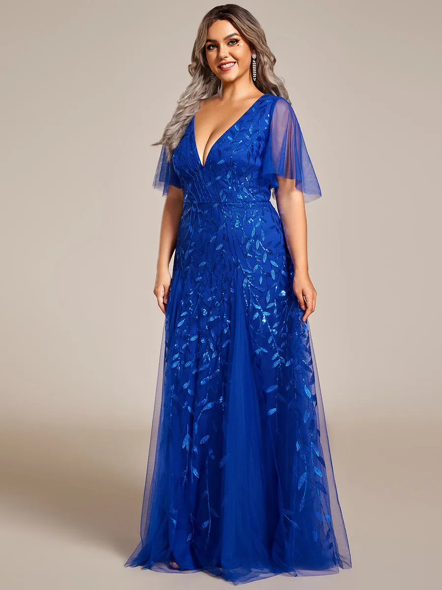 Plus Size Deep V Neck Wholesale Sequin Evening Gown With Short Sleeves