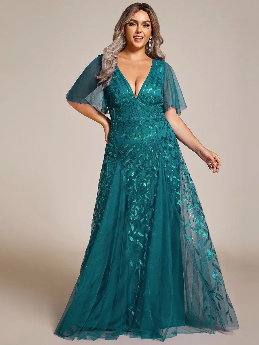 Plus Size Deep V Neck Wholesale Sequin Evening Gown With Short Sleeves