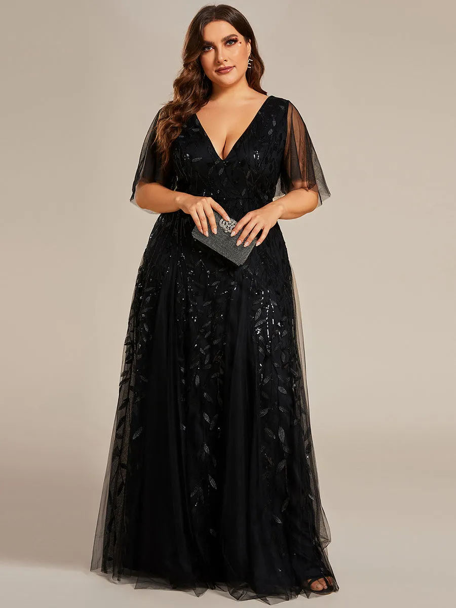 Plus Size Deep V Neck Wholesale Sequin Evening Gown With Short Sleeves