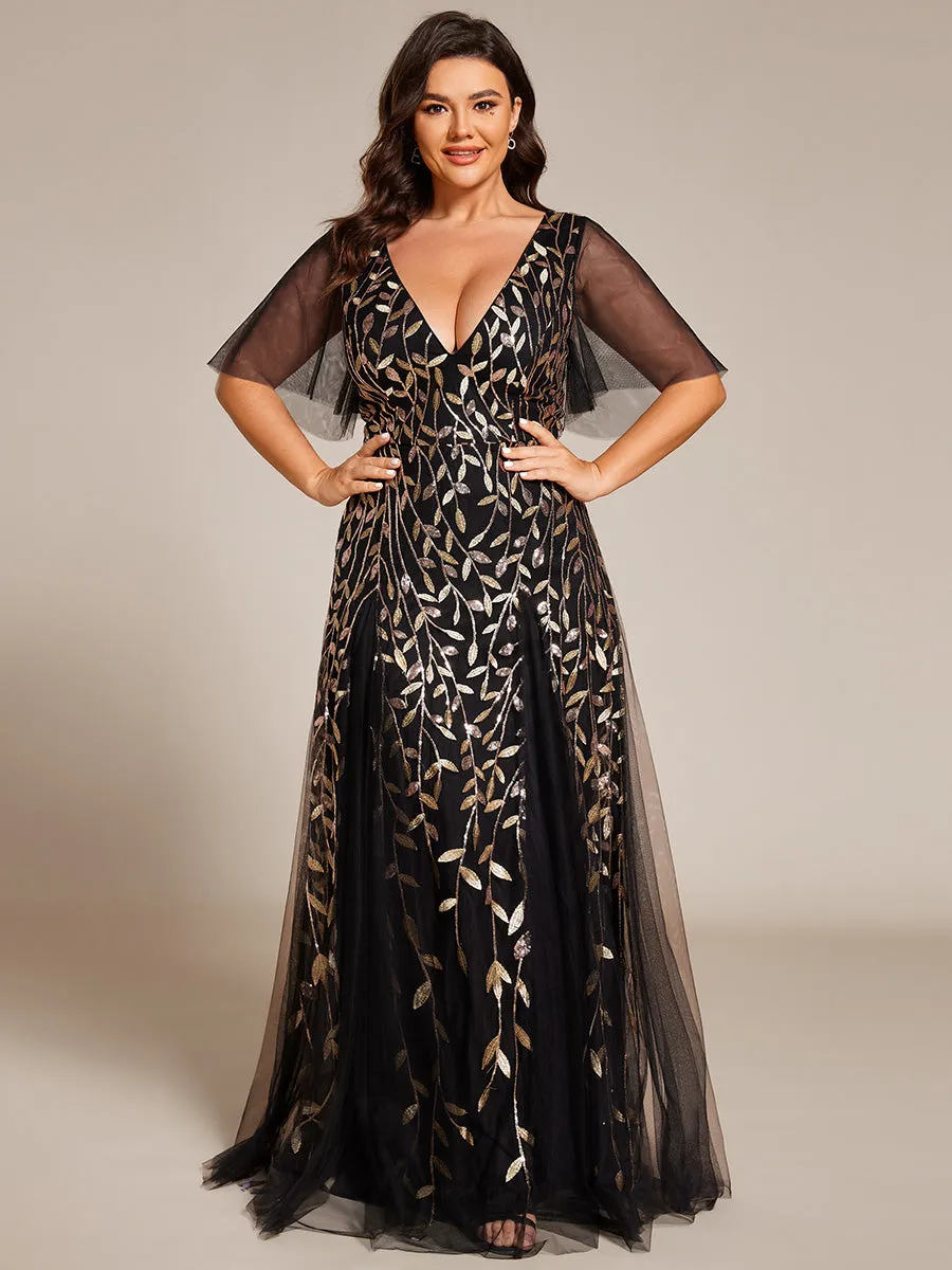 Plus Size Deep V Neck Wholesale Sequin Evening Gown With Short Sleeves