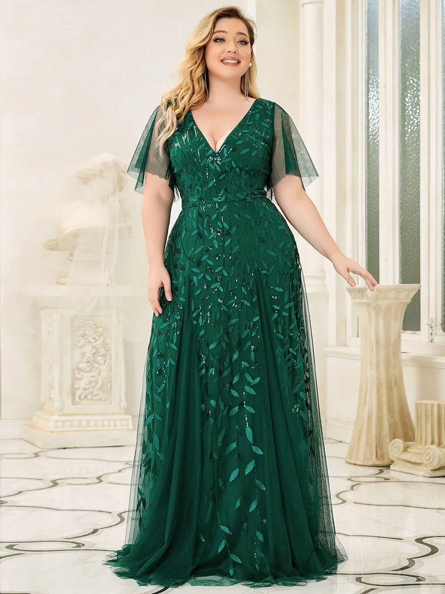 Plus Size Deep V Neck Wholesale Sequin Evening Gown With Short Sleeves