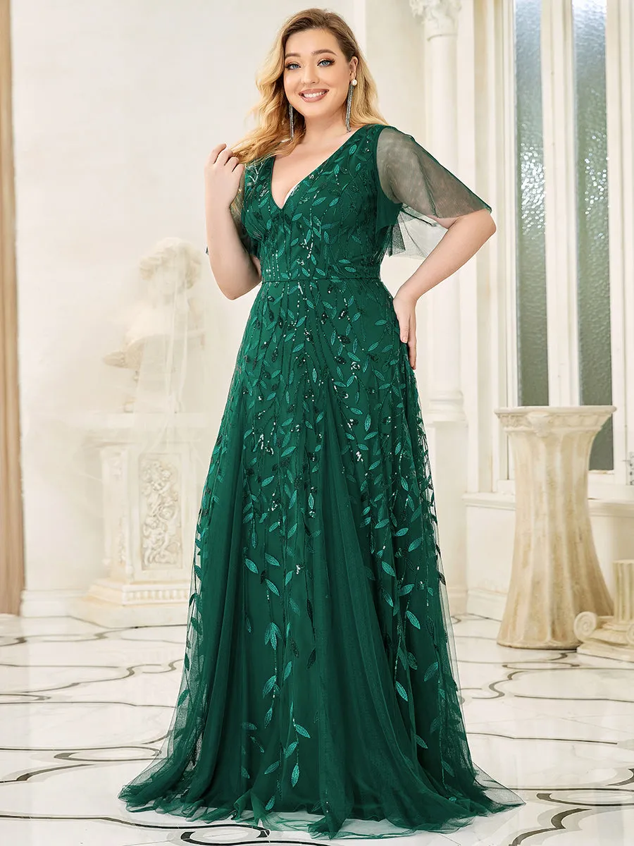 Plus Size Deep V Neck Wholesale Sequin Evening Gown With Short Sleeves