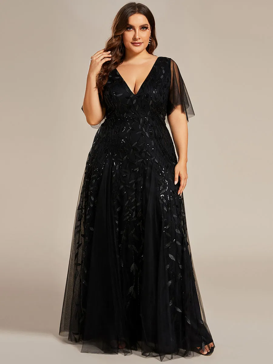 Plus Size Deep V Neck Wholesale Sequin Evening Gown With Short Sleeves