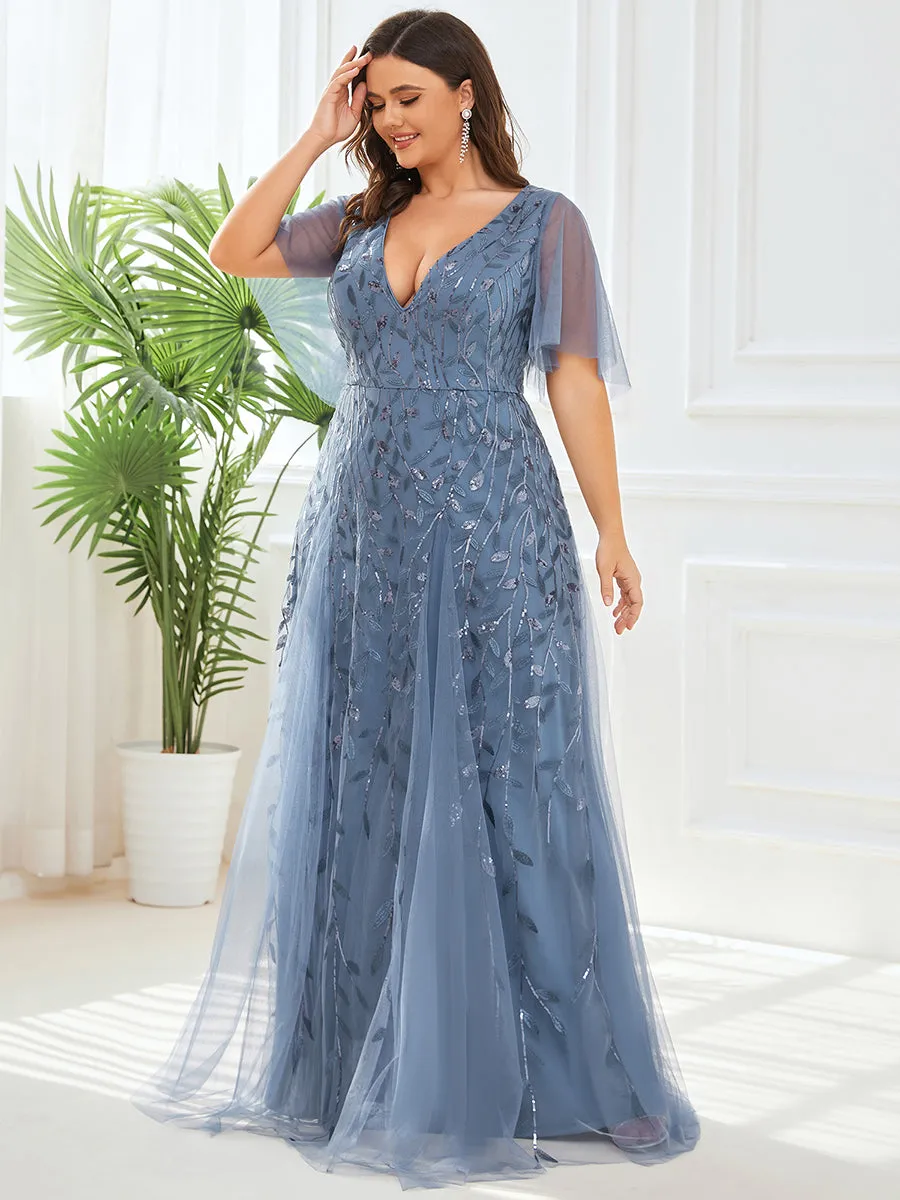 Plus Size Deep V Neck Wholesale Sequin Evening Gown With Short Sleeves