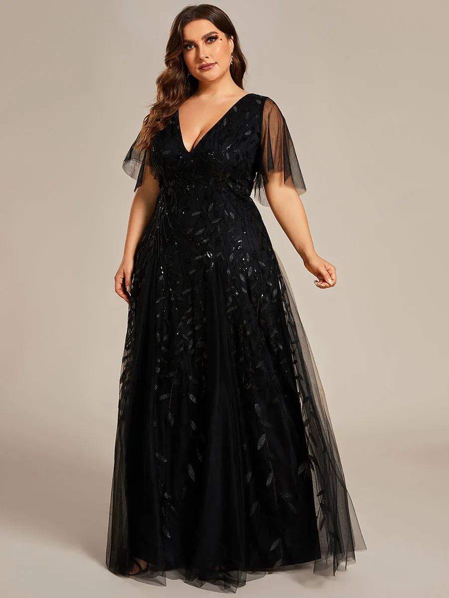 Plus Size Deep V Neck Wholesale Sequin Evening Gown With Short Sleeves