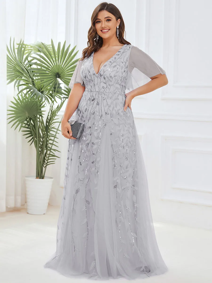 Plus Size Deep V Neck Wholesale Sequin Evening Gown With Short Sleeves