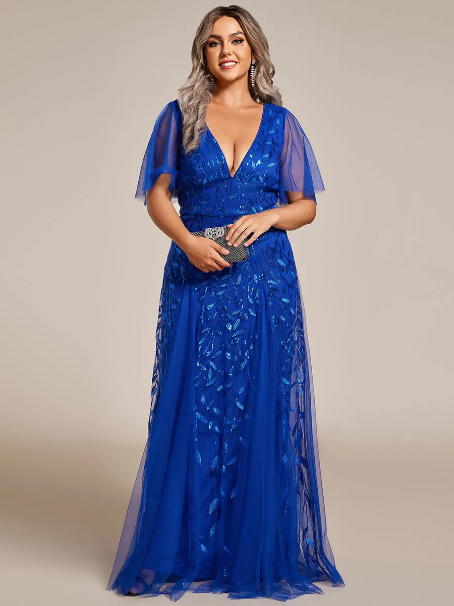 Plus Size Deep V Neck Wholesale Sequin Evening Gown With Short Sleeves