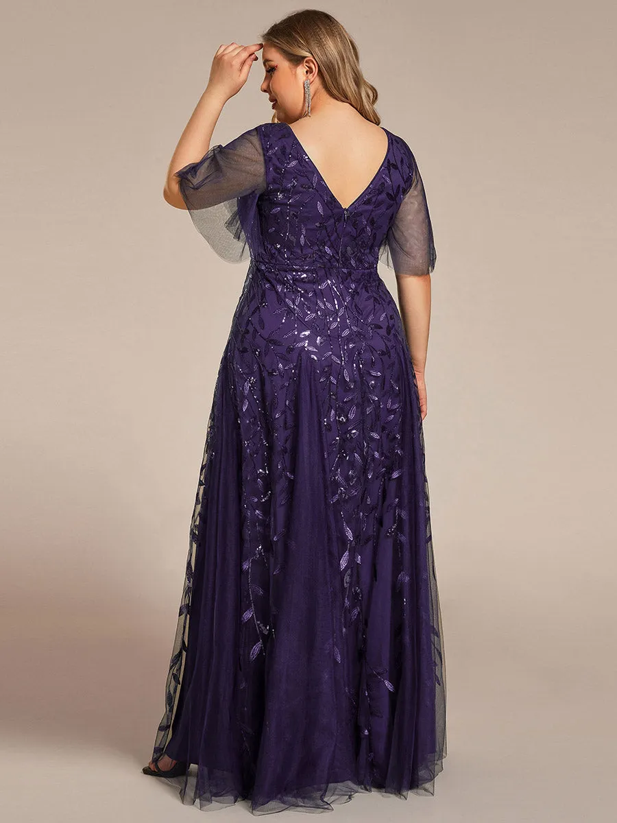 Plus Size Deep V Neck Wholesale Sequin Evening Gown With Short Sleeves