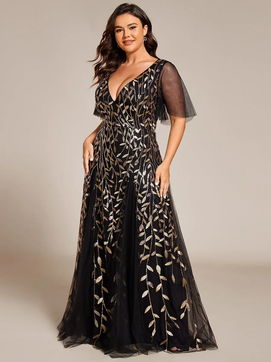 Plus Size Deep V Neck Wholesale Sequin Evening Gown With Short Sleeves