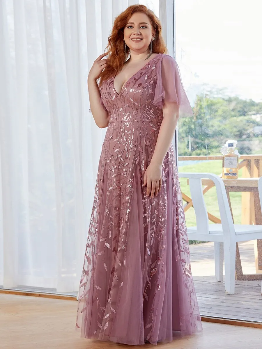 Plus Size Deep V Neck Wholesale Sequin Evening Gown With Short Sleeves