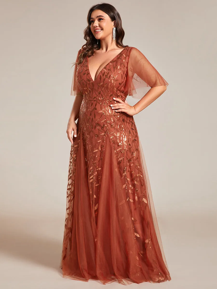 Plus Size Deep V Neck Wholesale Sequin Evening Gown With Short Sleeves