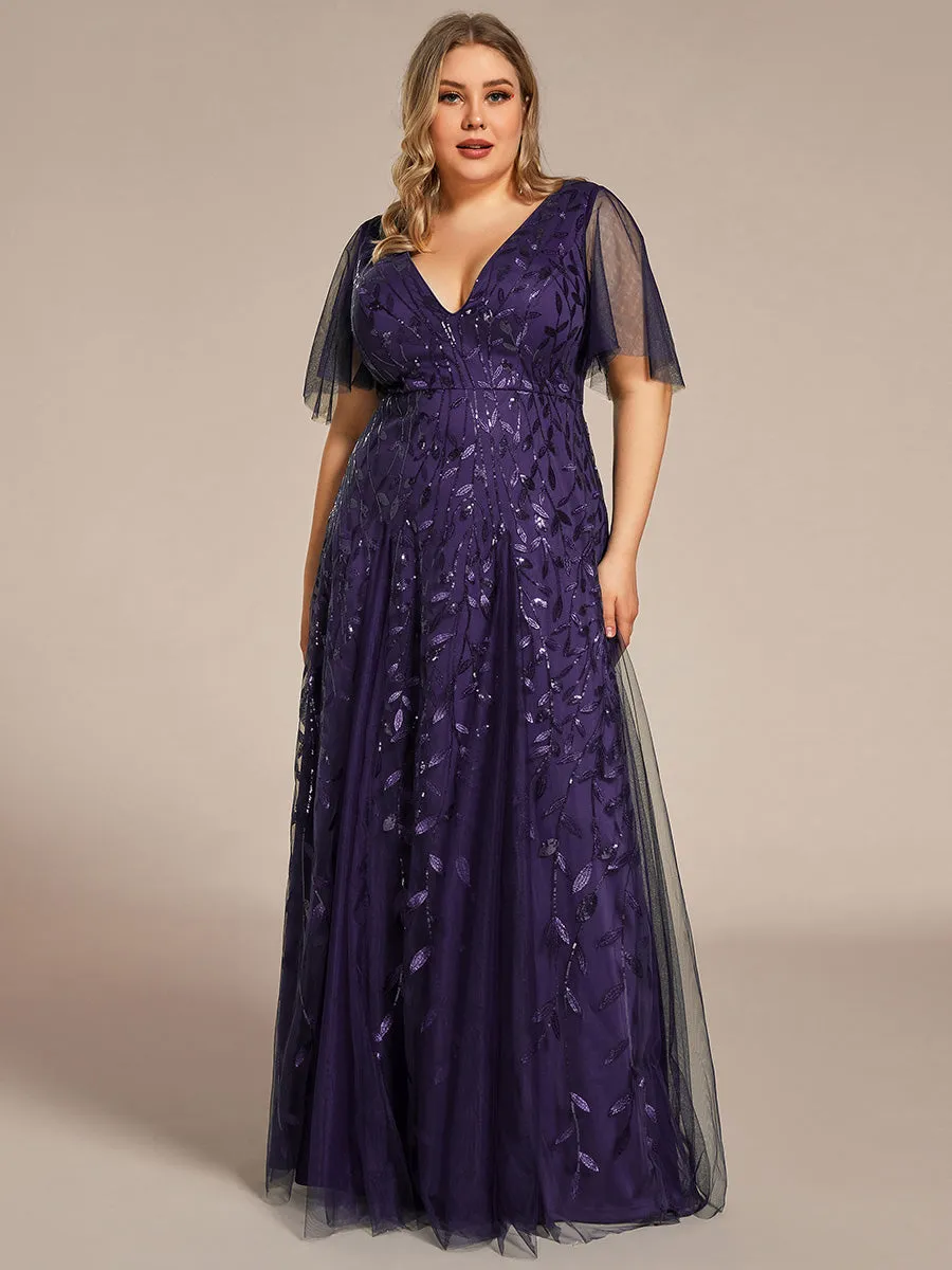 Plus Size Deep V Neck Wholesale Sequin Evening Gown With Short Sleeves